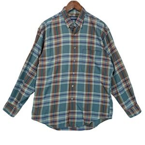 Vtg Lands End Plaid Button Down Shirt Men M 15-15.5 Teal Brown Cotton Preppy 90s